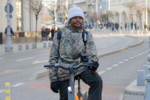 man, courier, backpack, bicycle, casual, waiting, traffic, transport, job, urban